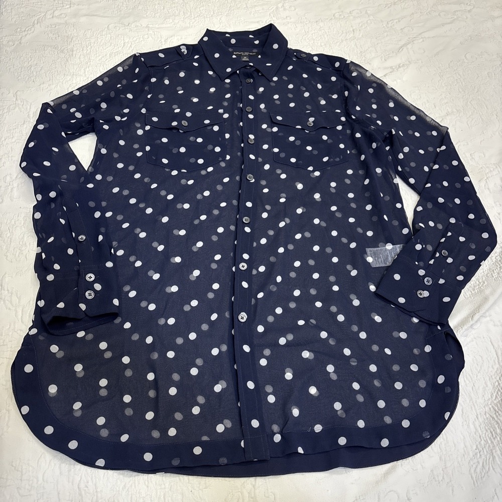 Banana Republic Polka Dot Blue Button Up Collared Sheer M